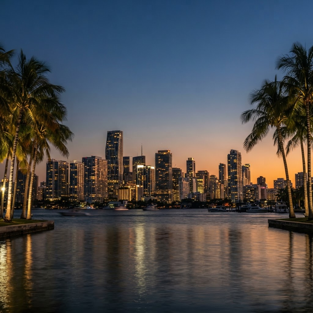 Miami skyline at dusk with palm trees